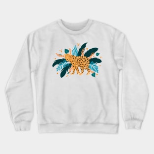 Leopard with orange and teal tropical plants Crewneck Sweatshirt